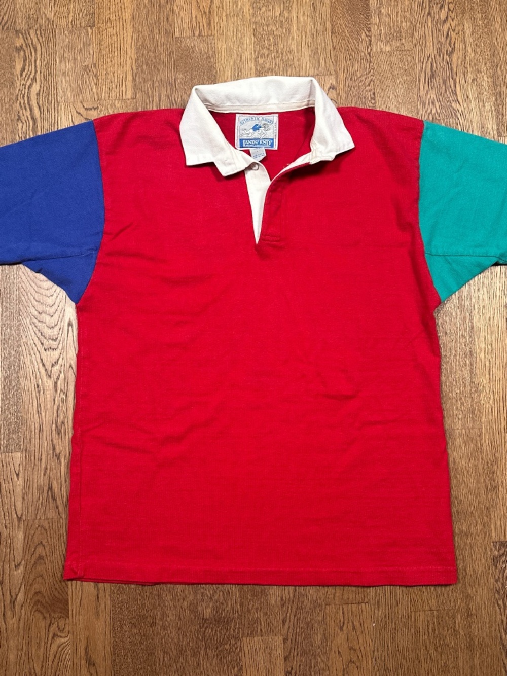 Vintage 90s Land's End Colorblock Rugby Jersey Made in USA Red Blue Shirt Mens L